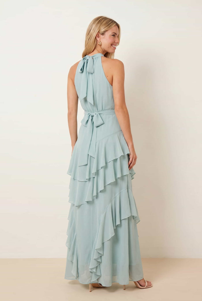 Frill High Neck Maxi Chiffon Dress / Sage