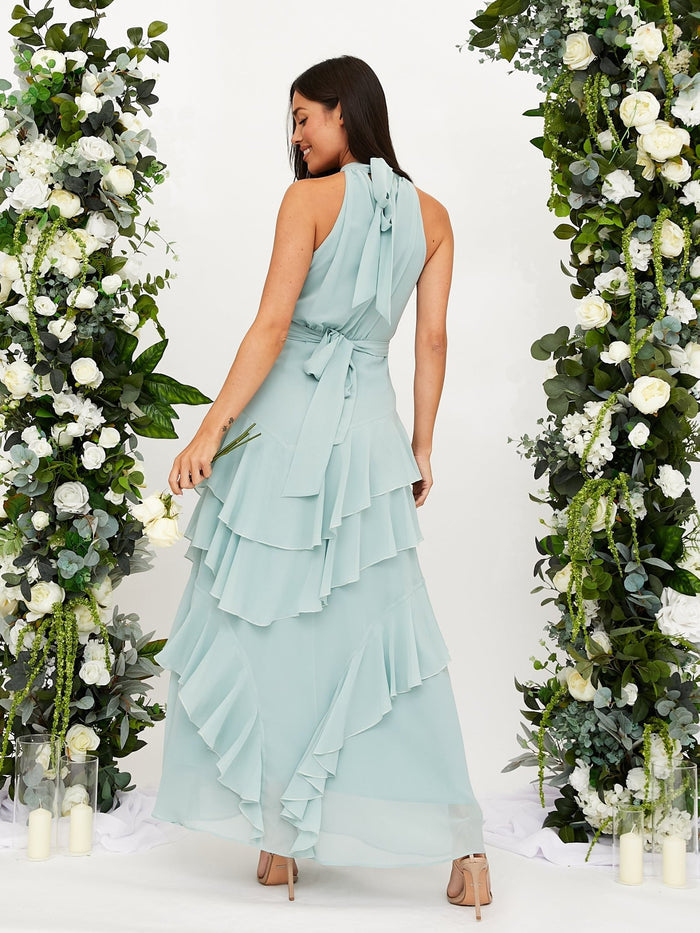 Frill High Neck Maxi Chiffon Dress / Sage - Style Cheat