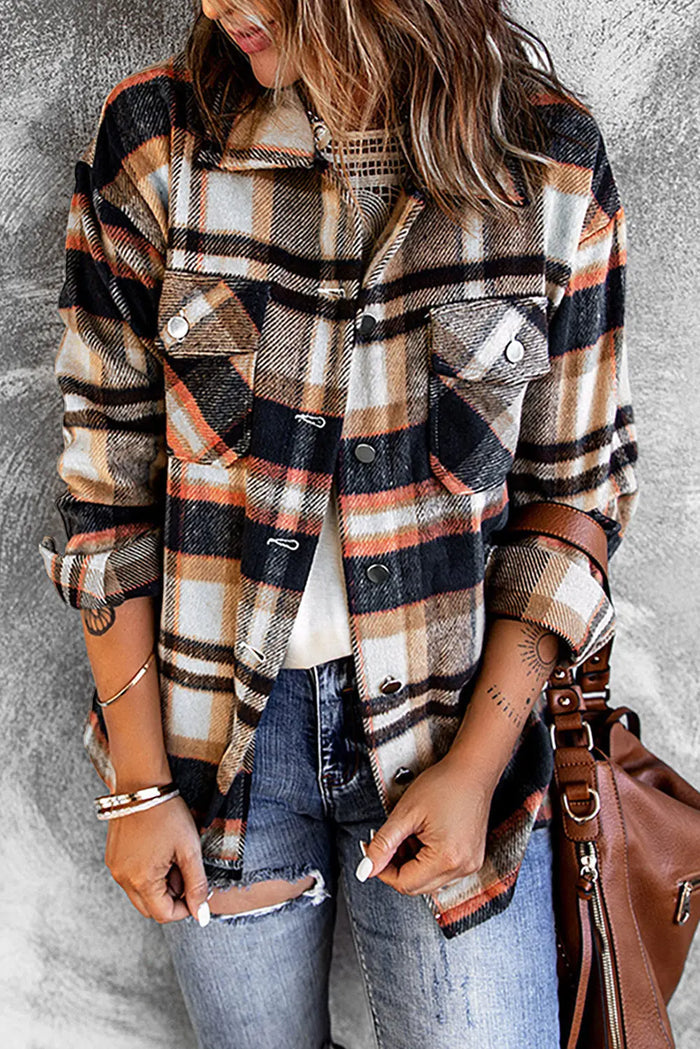 Geometric Plaid Print Pocketed Shacket - Blue / S / 100% Polyester - Outerwear/Plaid Shackets