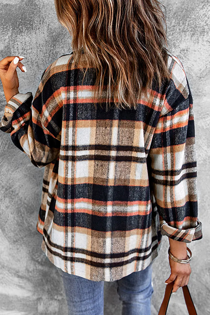 Geometric Plaid Print Pocketed Shacket - Outerwear/Plaid Shackets