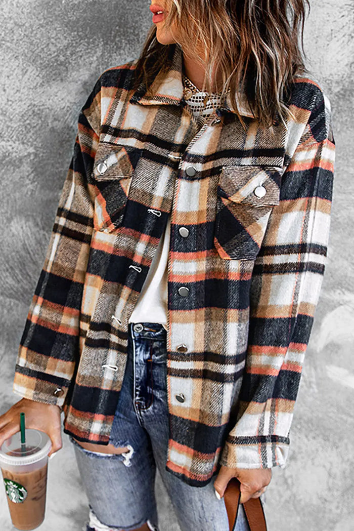 Geometric Plaid Print Pocketed Shacket - Outerwear/Plaid Shackets