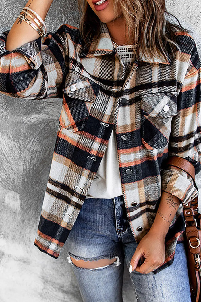 Geometric Plaid Print Pocketed Shacket - Outerwear/Plaid Shackets