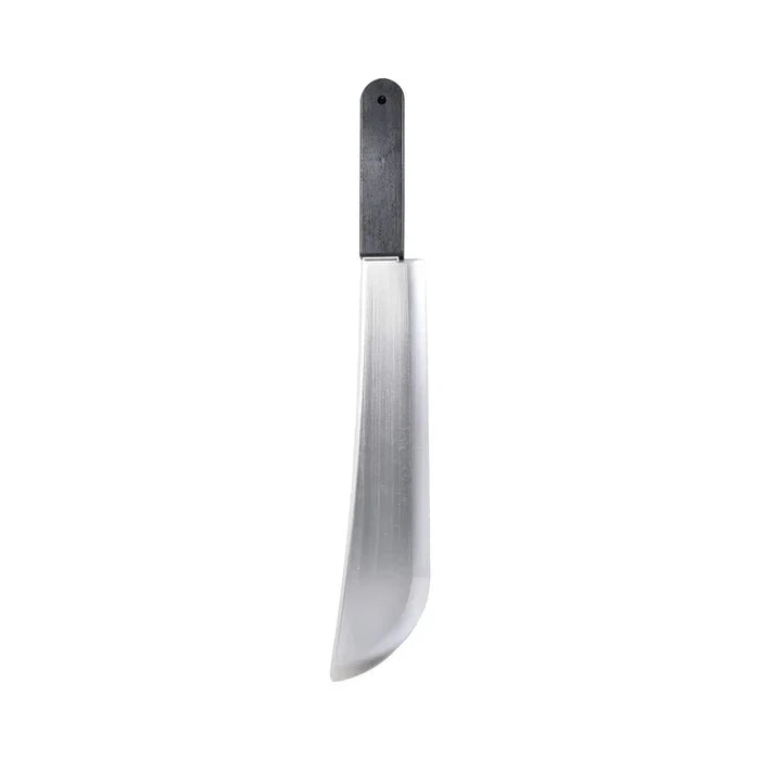 plastic machete knife with chrome effect fake blade and a black plastic handle for fancy dress costumes
