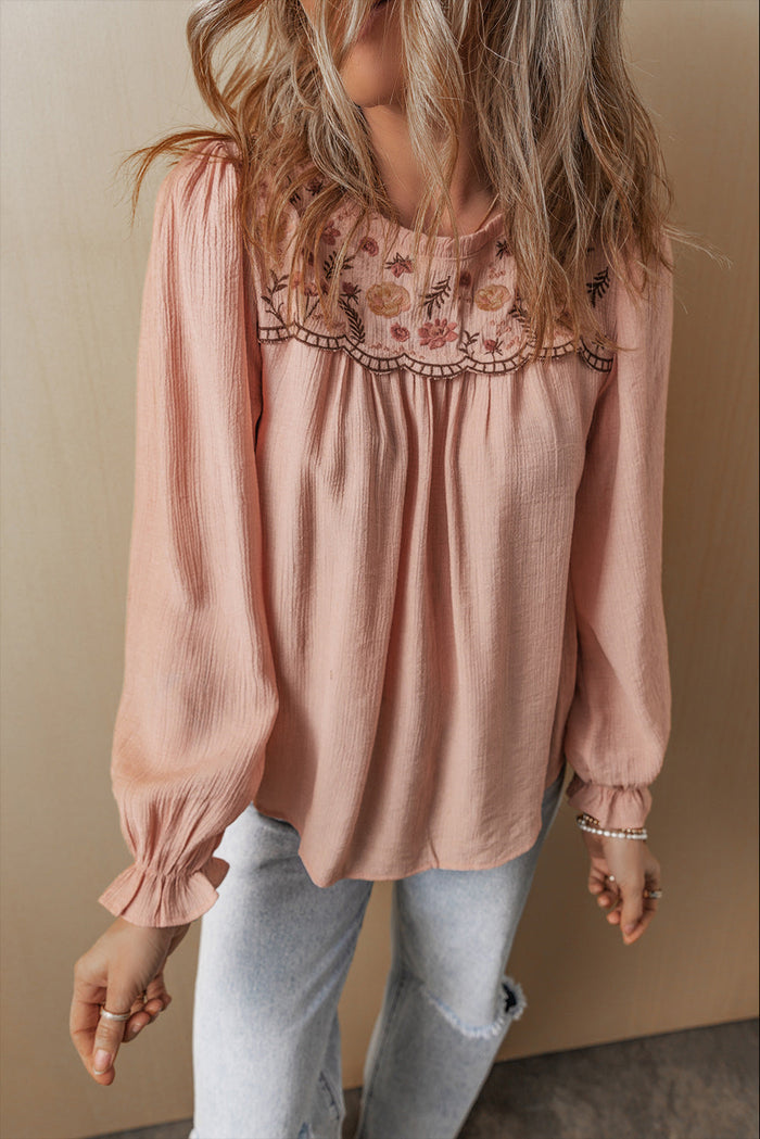 Gossamer Pink Floral Embroidered Textured Flounce Sleeve Elegant Blouse - Tops/Blouses & Shirts