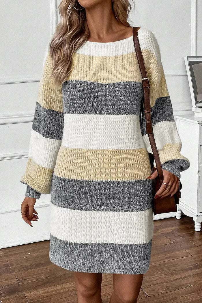 Gray Stripe Colorblock Bubble Sleeve Drop Shoulder Sweater Dress - Sweaters & Cardigans/Sweater Dresses