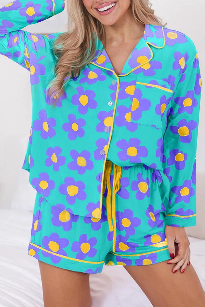 Green Flower Print Long Sleeve Shirt Shorts Pajamas Set - GREEN / S / 95% POLYESTER + 5% ELASTANE - Loungewear &
