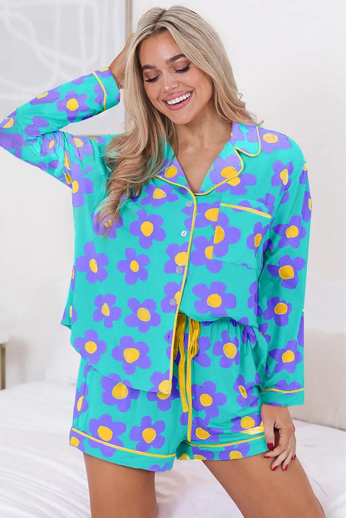 Green Flower Print Long Sleeve Shirt Shorts Pajamas Set - Loungewear & Sleepwear/Sleepwear