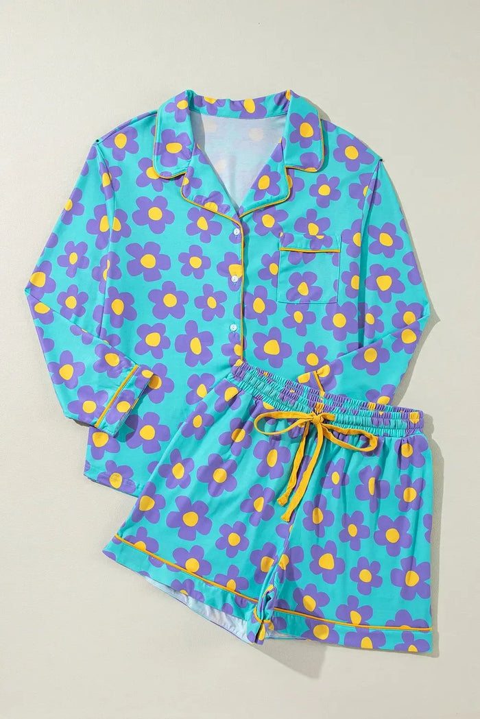 Green Flower Print Long Sleeve Shirt Shorts Pajamas Set - Loungewear & Sleepwear/Sleepwear