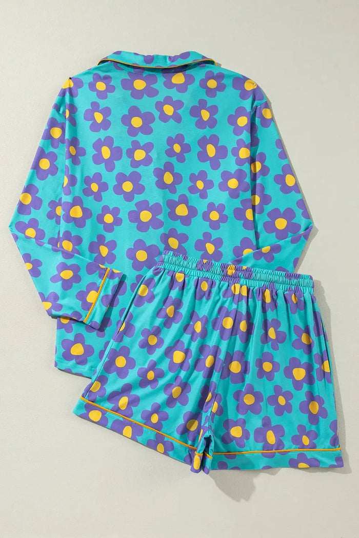 Green Flower Print Long Sleeve Shirt Shorts Pajamas Set - Loungewear & Sleepwear/Sleepwear