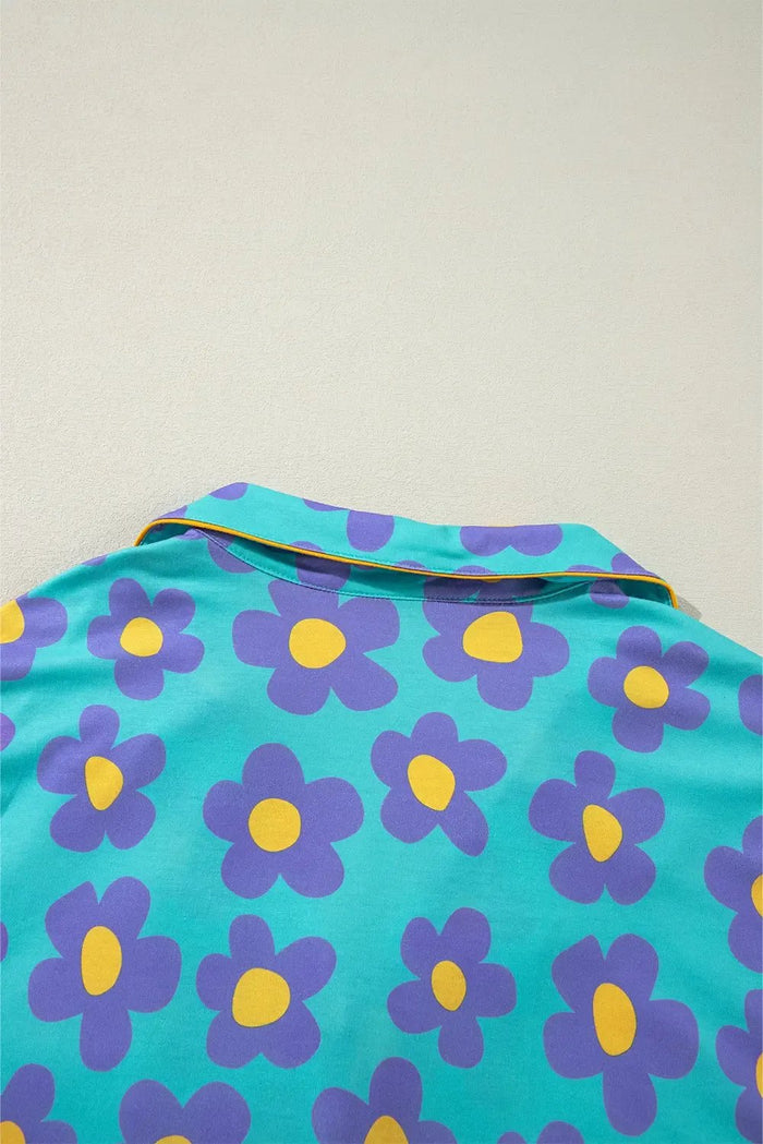 Green Flower Print Long Sleeve Shirt Shorts Pajamas Set - Loungewear & Sleepwear/Sleepwear