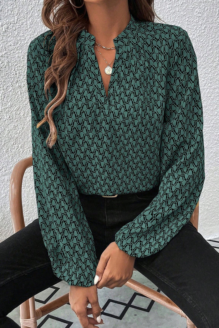 Green Geometric Print Notched Neck Puff Sleeve Blouse - GREEN / S / 100% POLYESTER - Tops/Blouses & Shirts