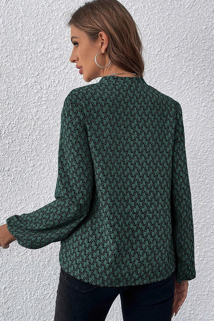Green Geometric Print Notched Neck Puff Sleeve Blouse - Tops/Blouses & Shirts