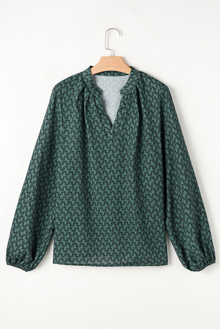 Green Geometric Print Notched Neck Puff Sleeve Blouse - Tops/Blouses & Shirts