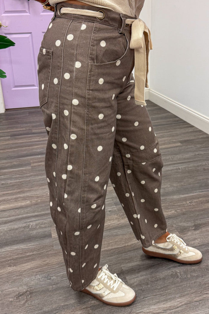 washed brown with ivory polka dot print wide barrel leg denim pants with front pockets