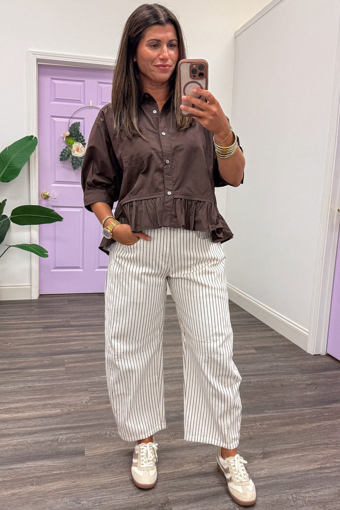 brown and off white striped wide barrel leg denim pants with decorative drawstring