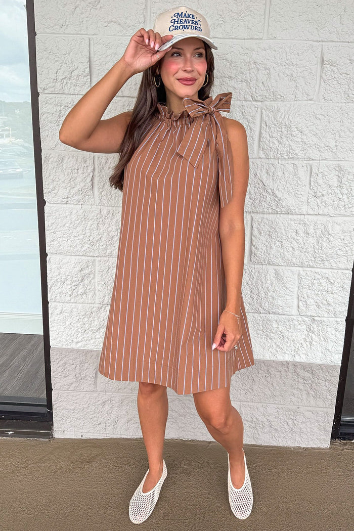 caramel and blue vertical striped sleeveless cinch mock neck short dress