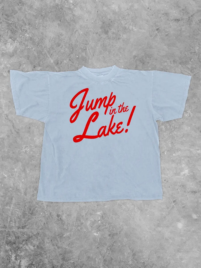 jump in the lake red and blue graphic tshirt