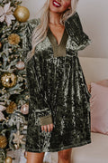 Jungle Green Velvet Long Sleeve V Neck Loose Dress with Pockets - JUNGLE GREEN / S / 95% POLYESTER + 5% ELASTANE