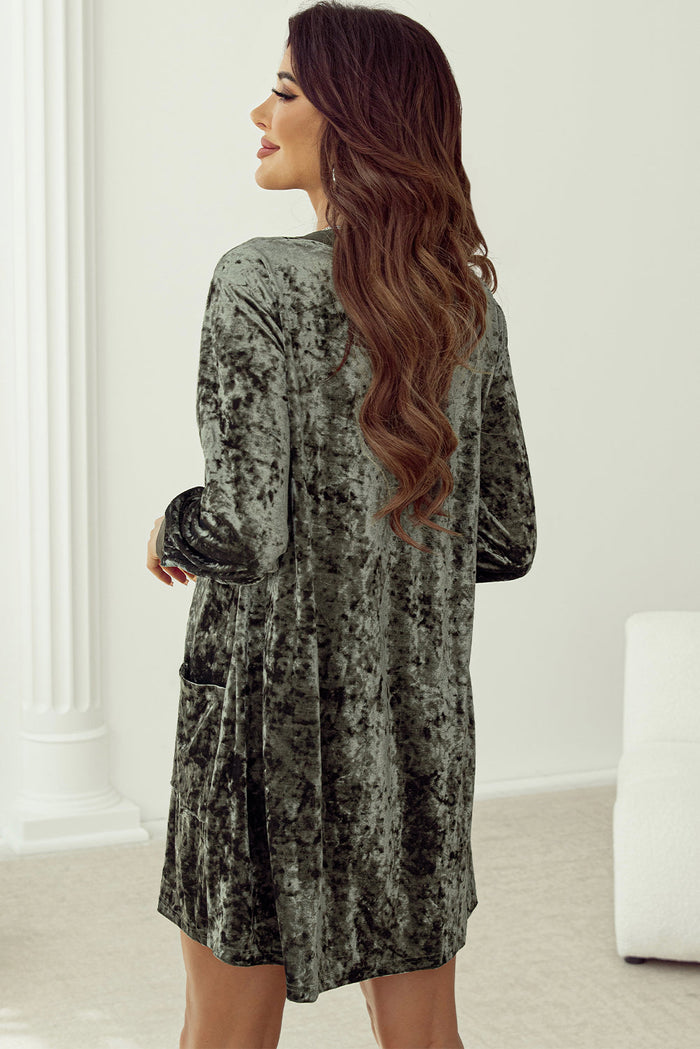 Jungle Green Velvet Long Sleeve V Neck Loose Dress with Pockets - Dresses/Mini Dresses
