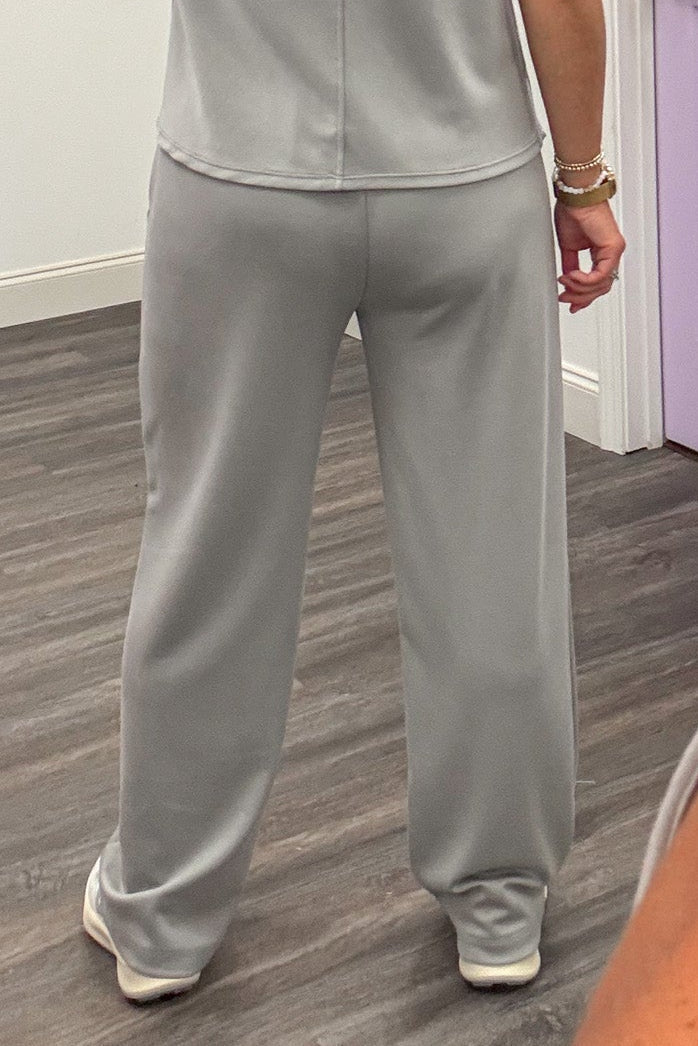 solid grey elastic waist wide leg lightweight luxe knit loungewear pants