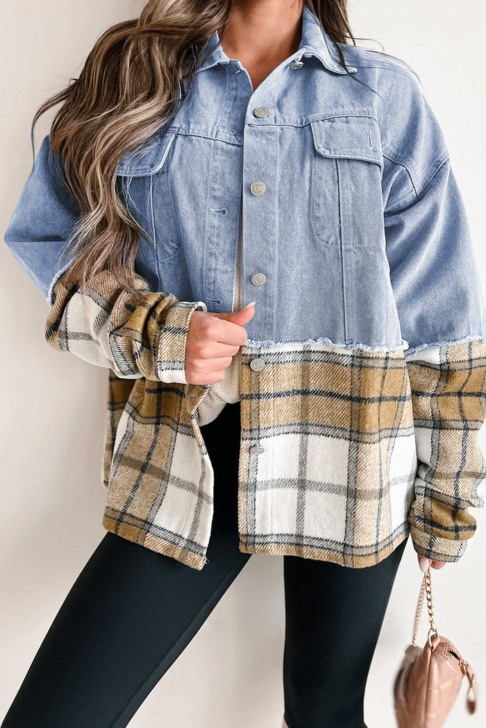 Khaki Plaid Patchwork Buttoned Oversized Denim Jacket - KHAKI / S / 75% COTTON + 25% POLYESTER - Outerwear/Denim jackets