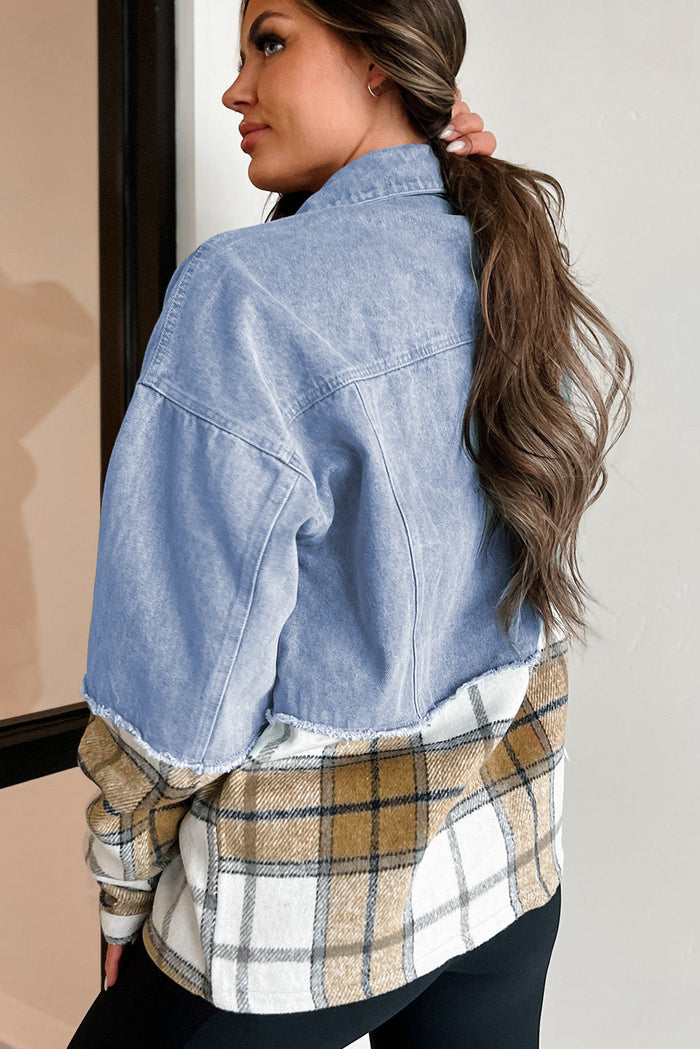Khaki Plaid Patchwork Buttoned Oversized Denim Jacket - Outerwear/Denim jackets