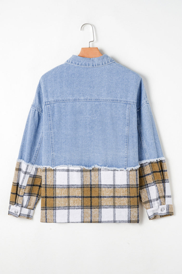 Khaki Plaid Patchwork Buttoned Oversized Denim Jacket - Outerwear/Denim jackets