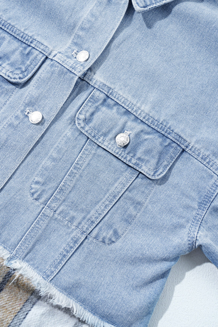 Khaki Plaid Patchwork Buttoned Oversized Denim Jacket - Outerwear/Denim jackets