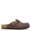 Brown clog shoe with a buckle on a white background