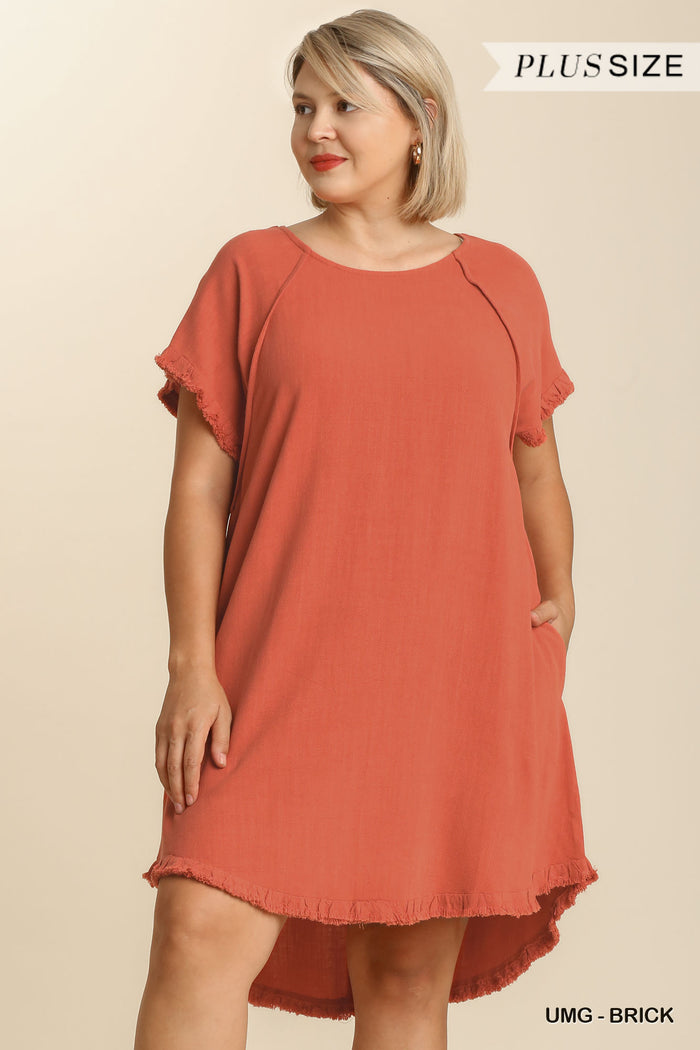 Lined Blend Pocket Dress- Plus - Brick