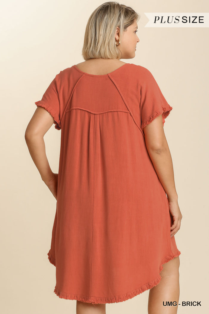 Lined Blend Pocket Dress- Plus - Brick