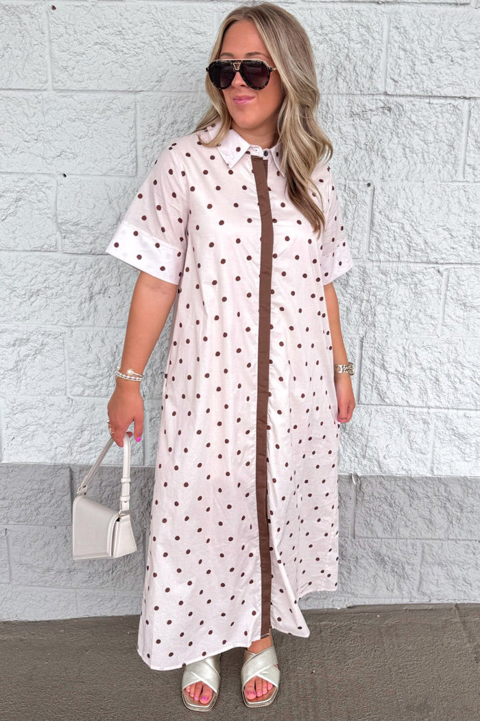 ecru with brown polka dot print button front short sleeve poplin midi dress