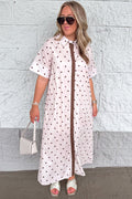 ecru with brown polka dot print button front short sleeve poplin midi dress