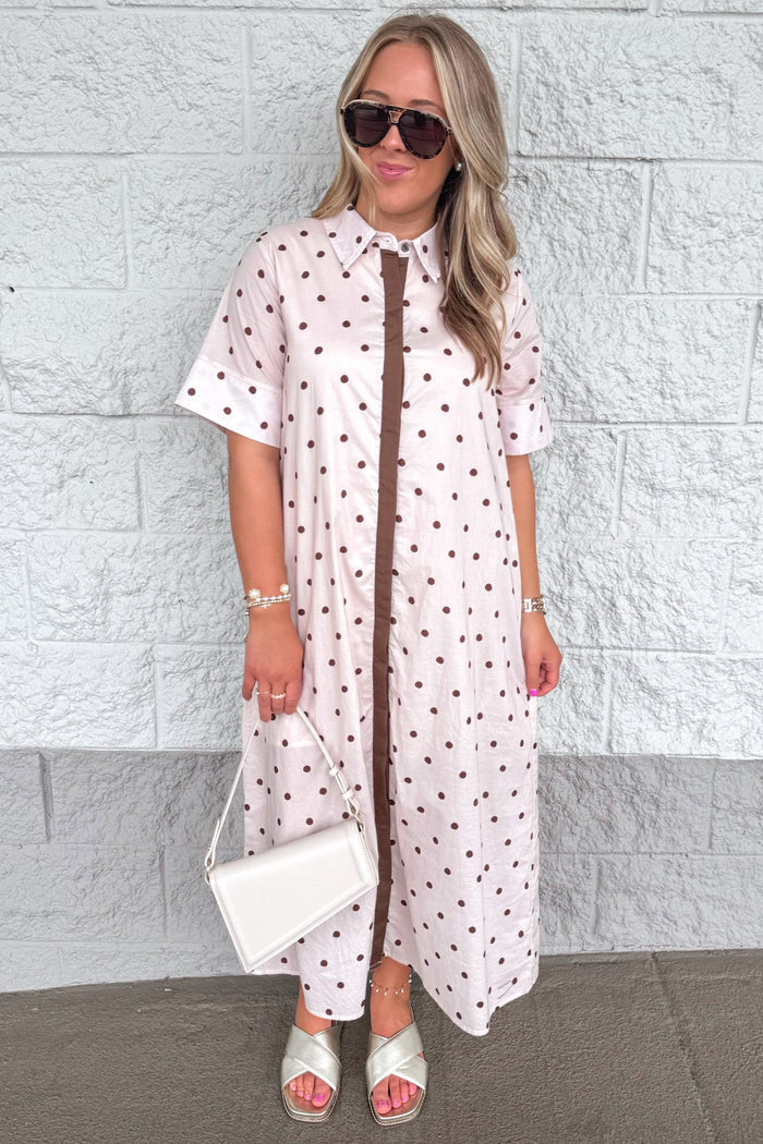 ecru with brown polka dot print button front short sleeve cotton poplin midi dress