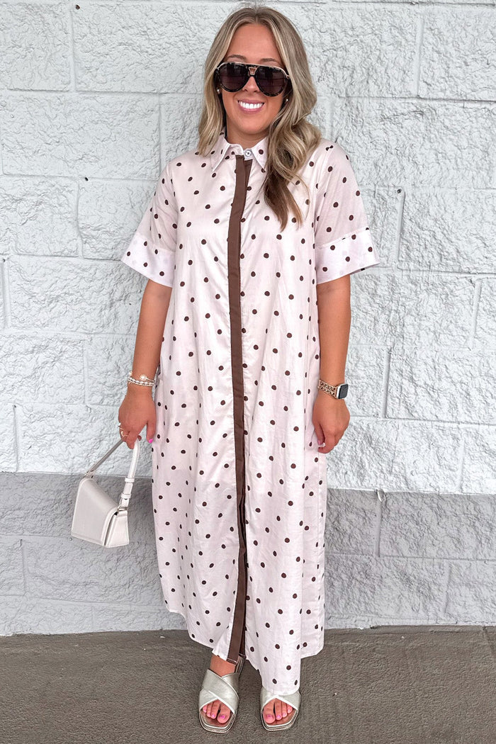 ecru with brown polka dot print button front cuffed short sleeve poplin midi dress