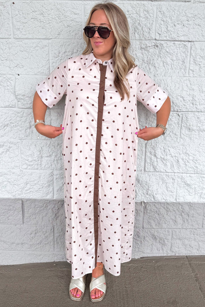 ecru with brown polka dot print button front short sleeve relaxed silhouette poplin midi dress
