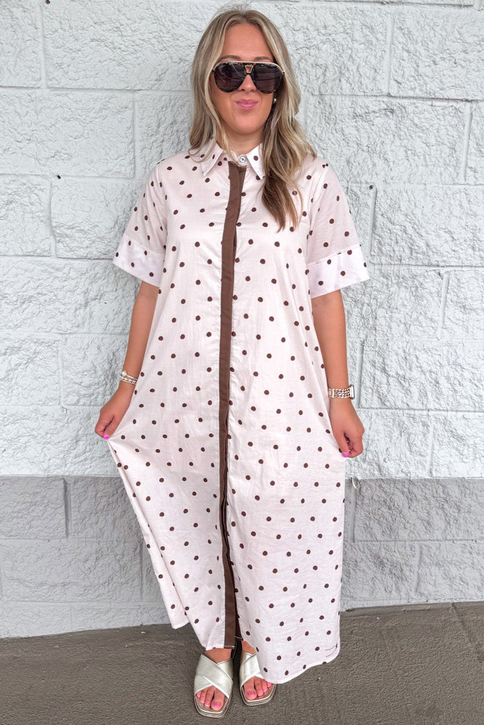 ecru with brown polka dot print button front short sleeve v neckline poplin midi dress