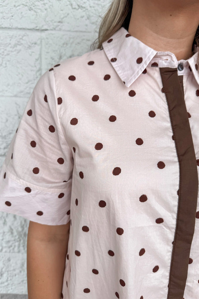 ecru with brown polka dot print collared button front short sleeve poplin midi dress