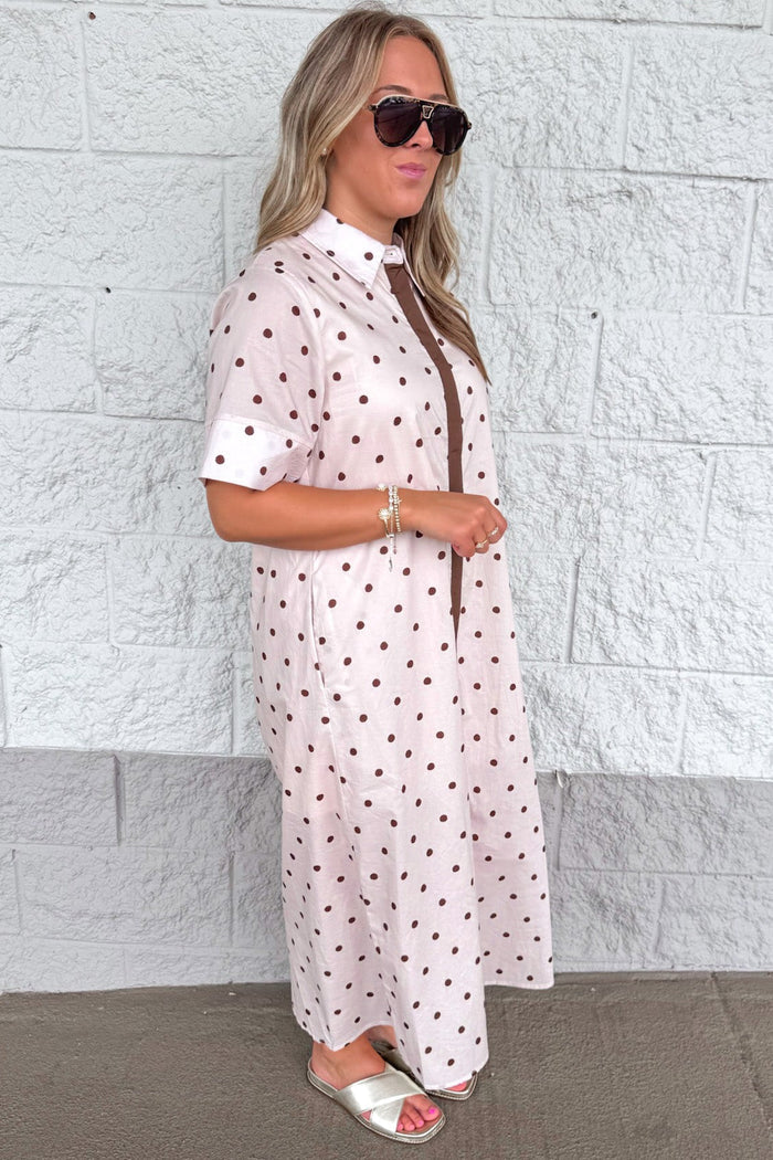 ecru with brown polka dot print button front short sleeve poplin midi dress with side pockets