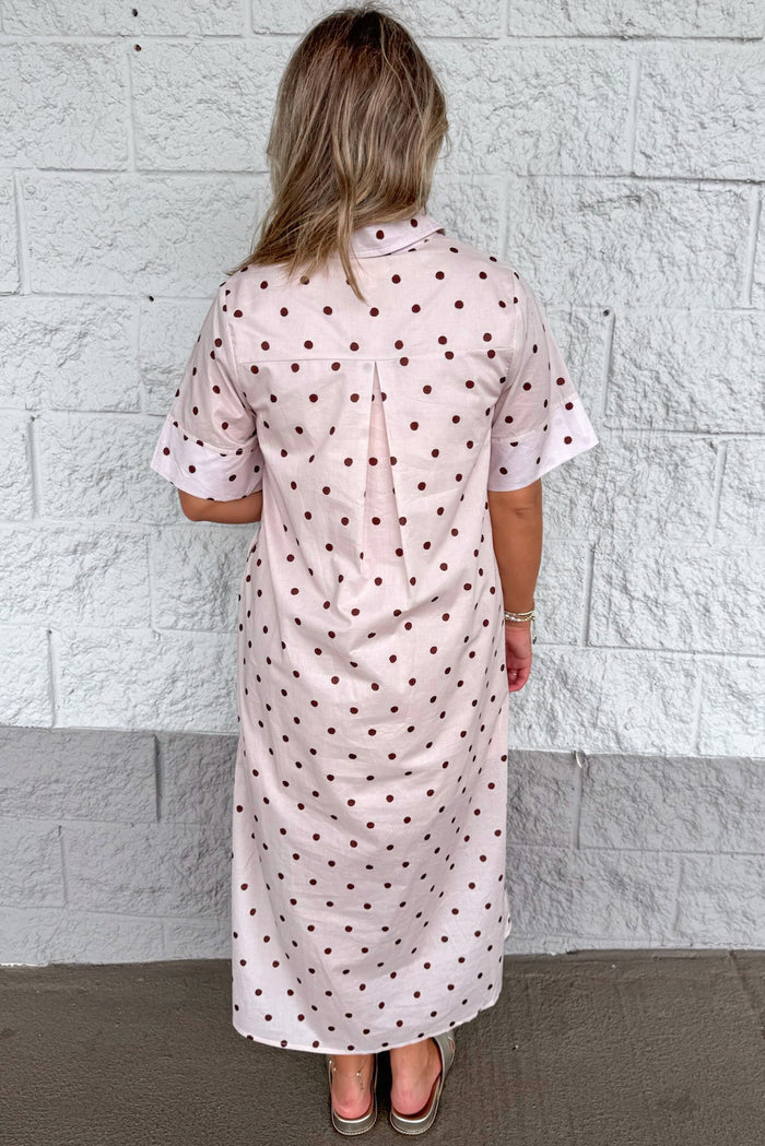 ecru with brown polka dot print button front short sleeve poplin midi dress with gathered back detail