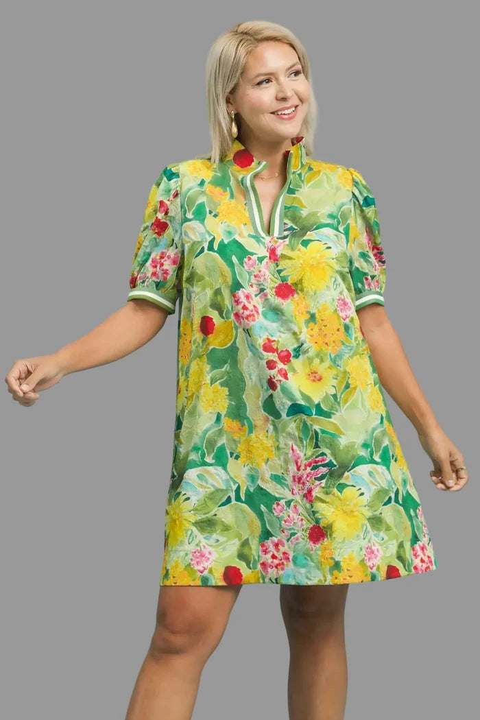 Umgee green dress with multicolor floral print in plus size featuring a flowy fit