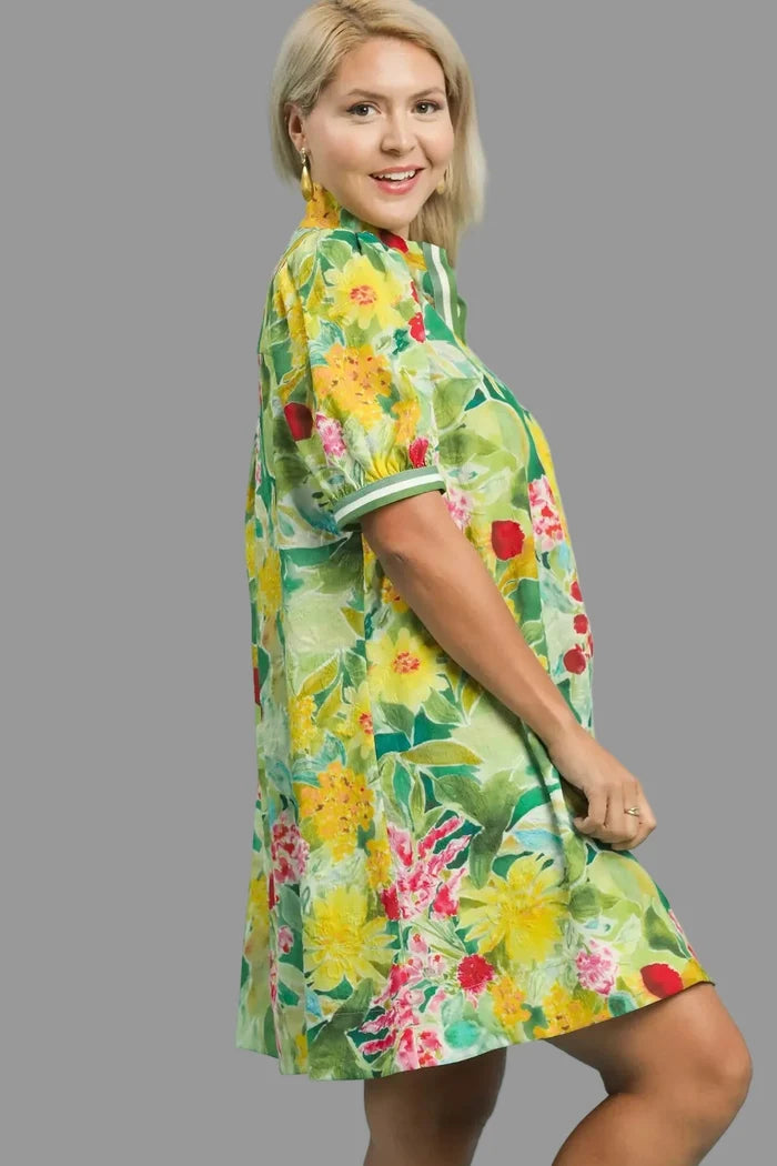 Umgee green dress with multicolor floral print in plus size featuring a flattering silhouette