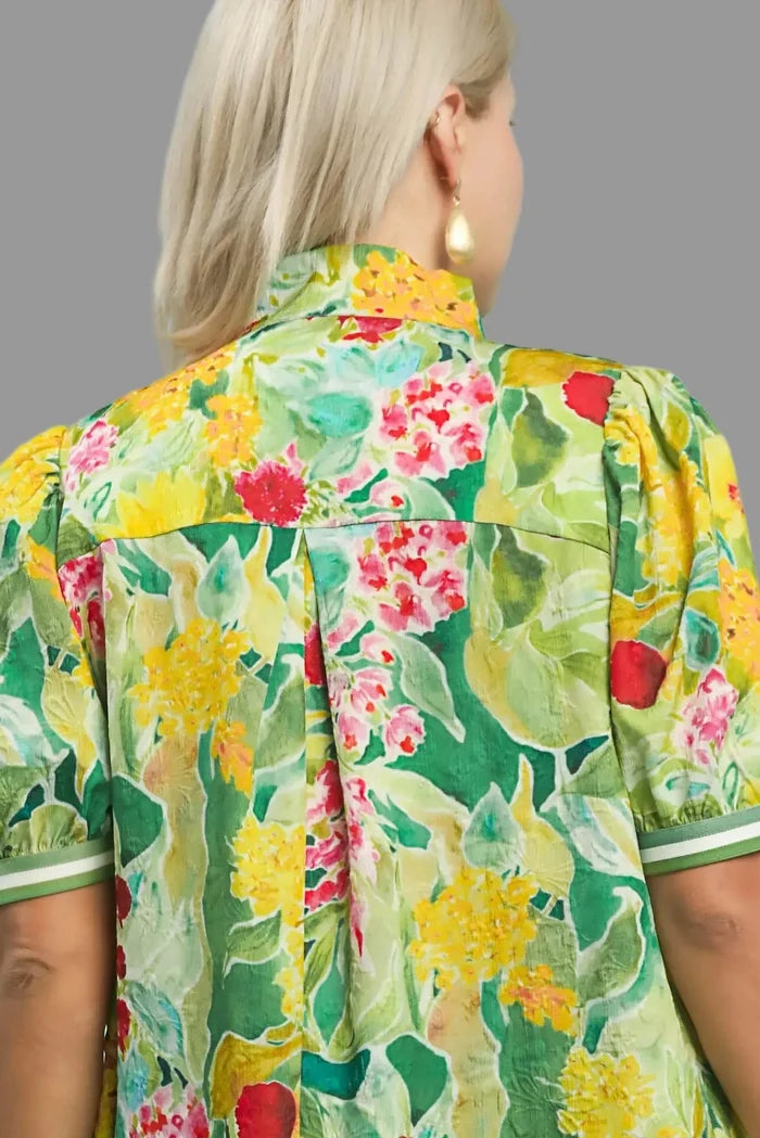 Umgee green dress with multicolor floral print in plus size with tiered detail in back at shoulders