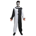 Man wearing a black and white clown jumpsuit with ruffle collar and creepy clown mask