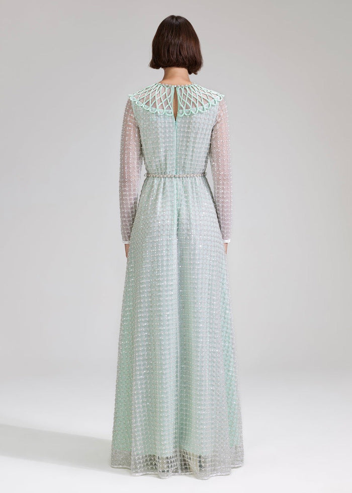 Mint Grid Sequin Pearl Maxi Dress
