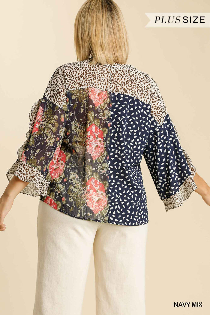 Mixed Printed Split Ruffle Sleeve Top with Metallic Threading Details