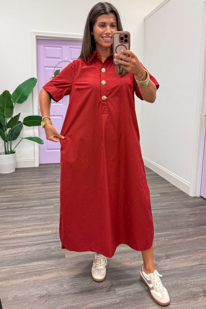 solid brick red with decorative gold button snap bodice short sleeve relaxed silhouette midi dress