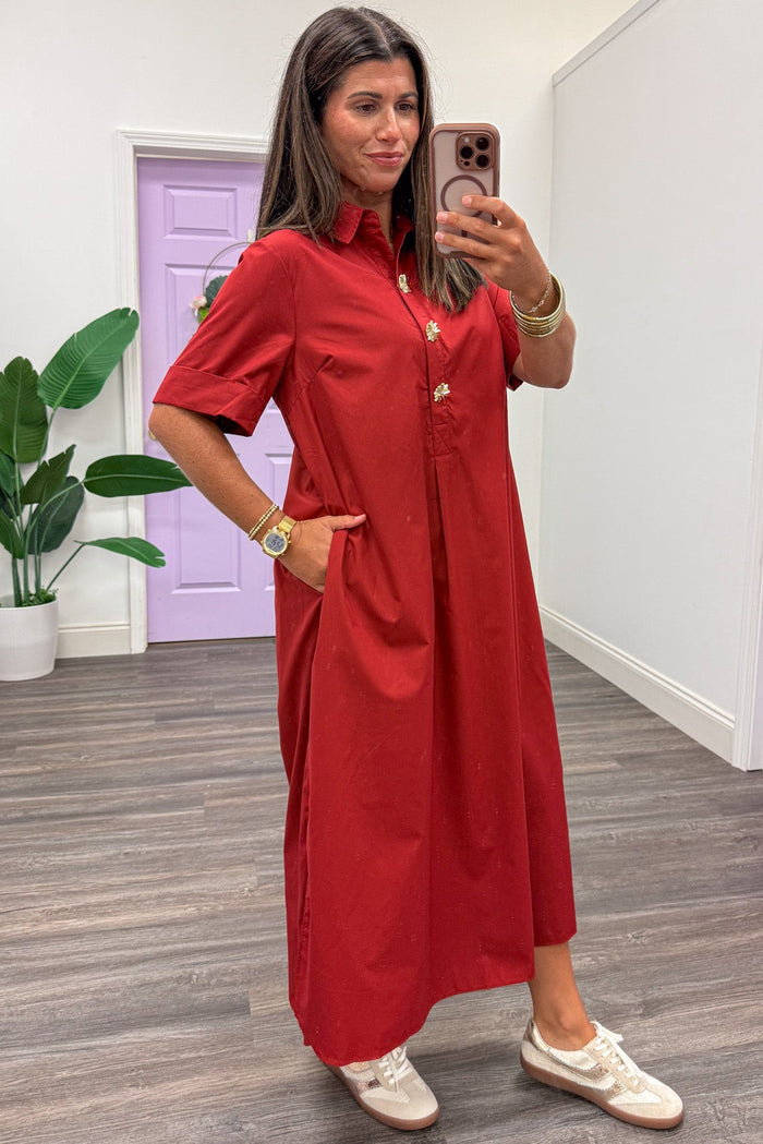 solid brick red with decorative gold button snap bodice short sleeve midi dress with side pockets
