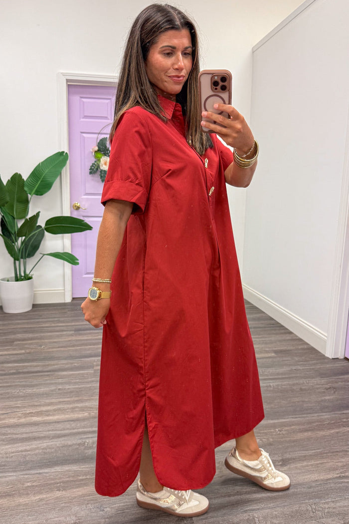 solid brick red with decorative gold button snap bodice cuffed short sleeve midi dress