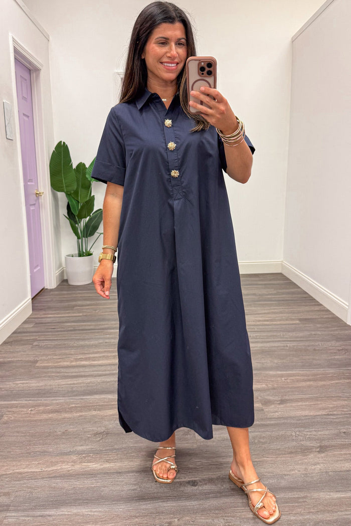 navy blue with gold decorative bodice buttons short sleeve midi dress